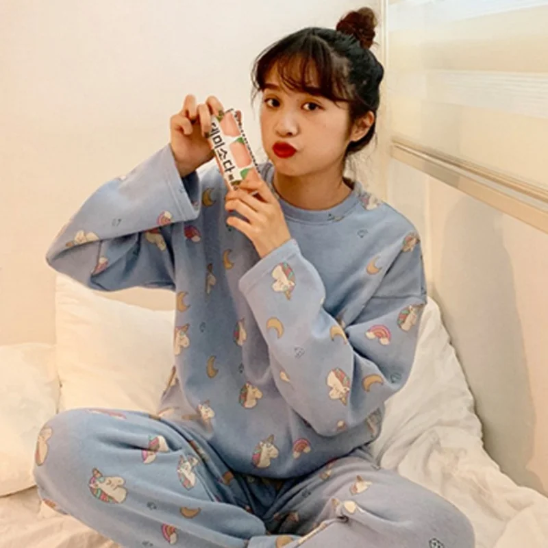 

Solid Pajamas for Women Cute Home Suit Thick Velvet Sleepwear Femme Mujer Pyjamas Set Full Length Winter Pijamas Night Wear