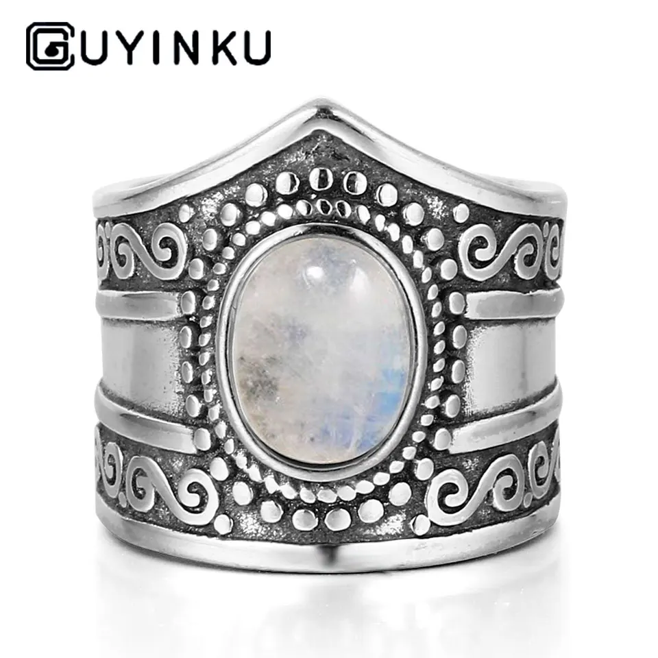 GUYINKU натуральные ювелирные изделия из лунного камня, твердые 925 пробы серебряные кольца с драгоценными камнями для женщин и мужчин, парные кольца для влюбленных, подарки на юбилей - Цвет камня: Moonstone