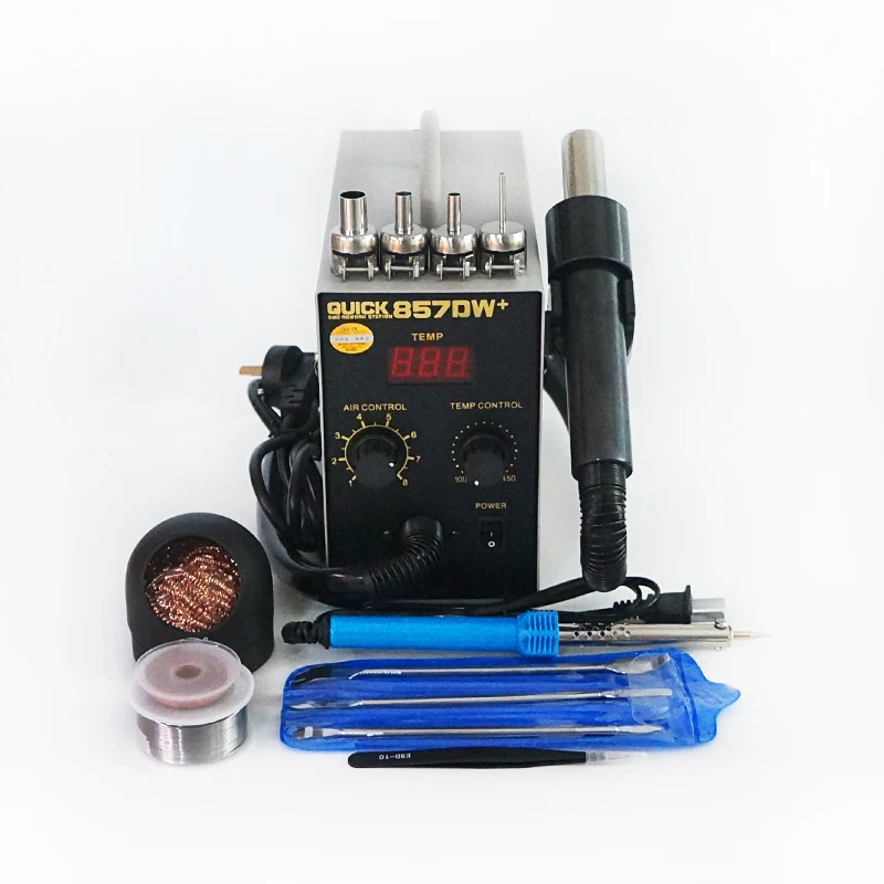 

BGA Soldering station QUICK 857DW+ SMD SMT electric soldering iron 40W with 0.6mm solder wire desoldering wick ESD tweezer