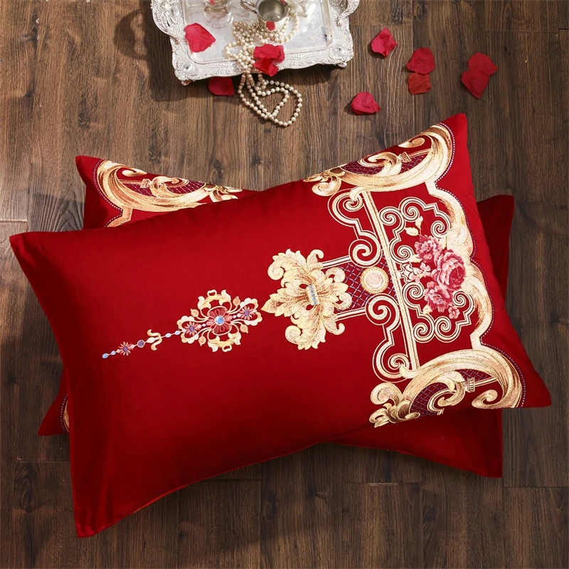 Angel Gold Embroidery Princess Wedding 100% Cotton Bedding Set Luxury Red Duvet Cover Bed Sheet Pillowcases Home Textile | Дом и сад