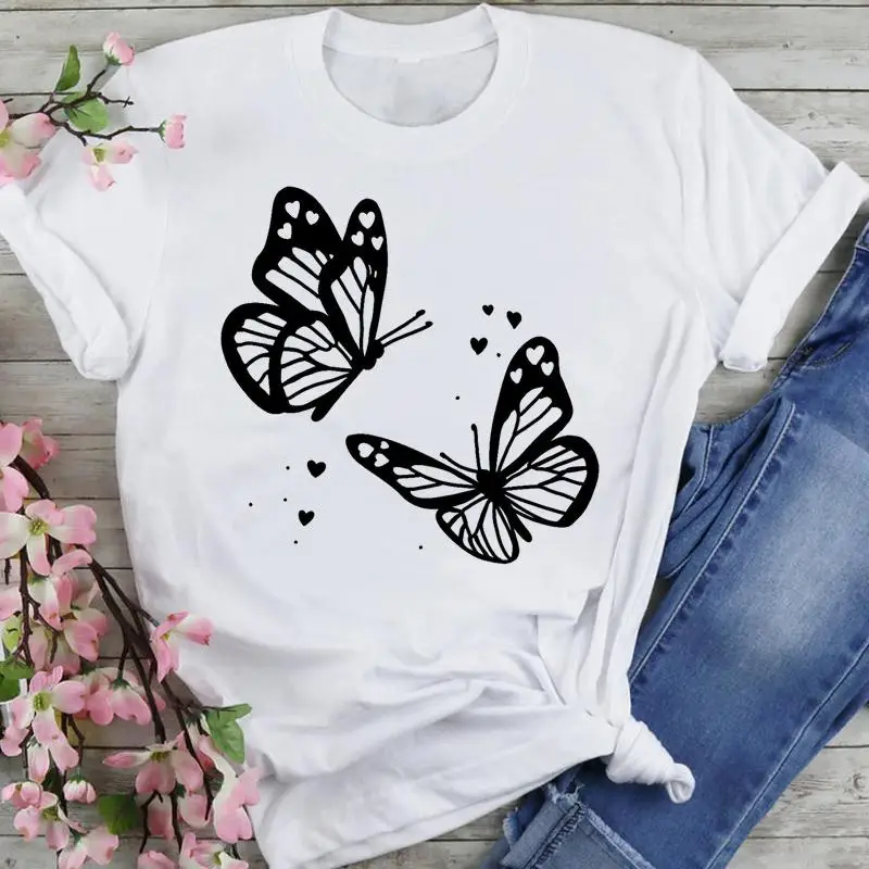 

Women Graphic Ladies Love Sweet Butterfly 90s Cartoon Fashion Summer Female Clothes Print Short Sleeve Tops Tees Tshirt T-Shirt
