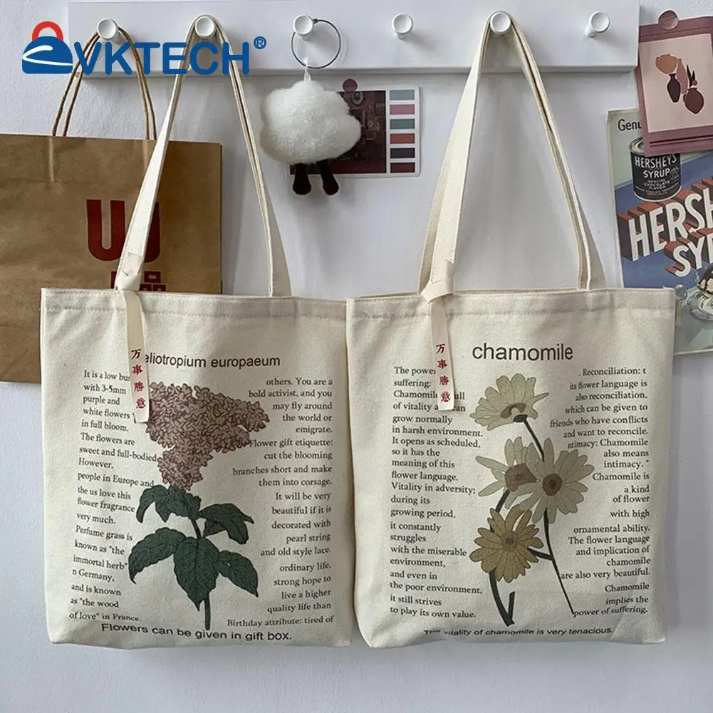 

Lady Simple Durable Shopping Bag Fashion Women Canvas Plant Letters Printing Shoulder Shopping Bag Large Capacity Tote Handbags