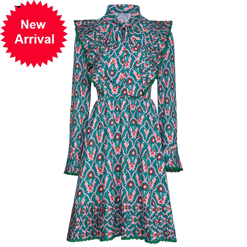 

New 2021 Spring Summer Fashion Designer Vintage Dress Women Bow Collar Draped Pleated Floral Print A Line Dress