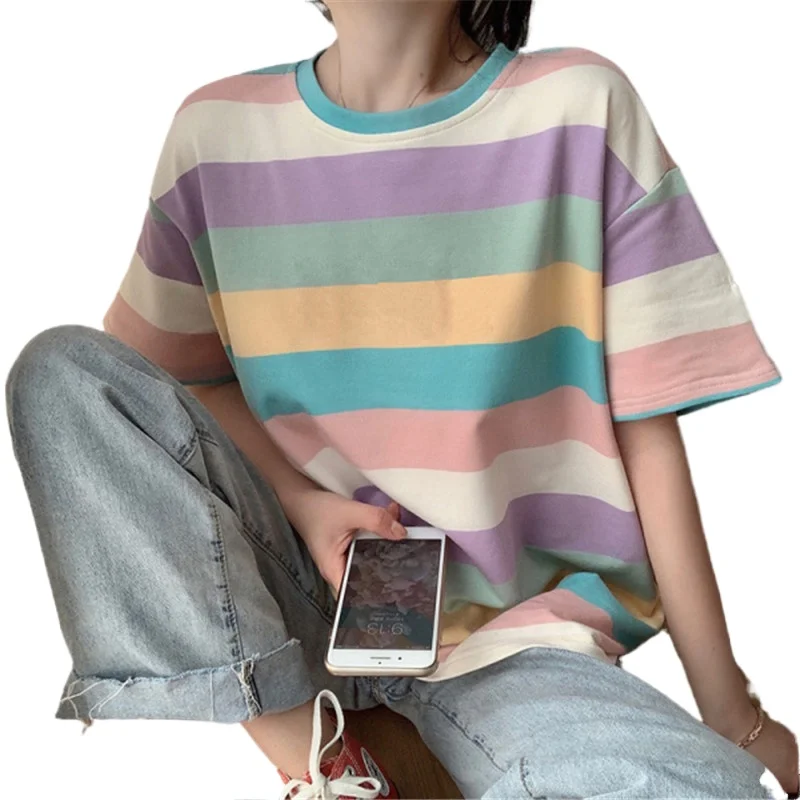 

Summer Korean Version Rainbow Casual Loose Short Sleeve T-shirt Kawaii Clothes