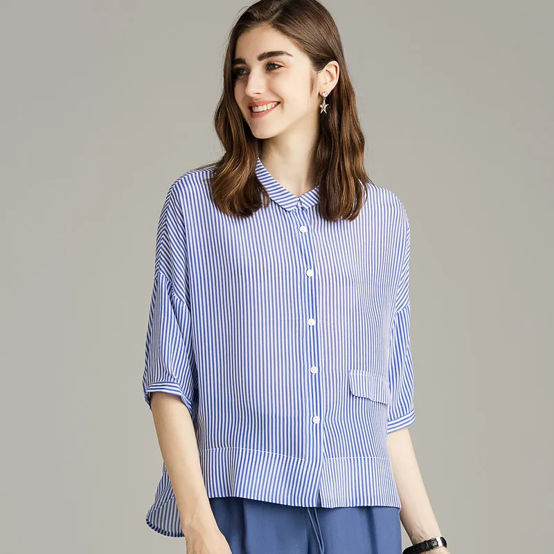 Летняя рубашка из натурального шелка 100% тутового женская блузка в полоску с