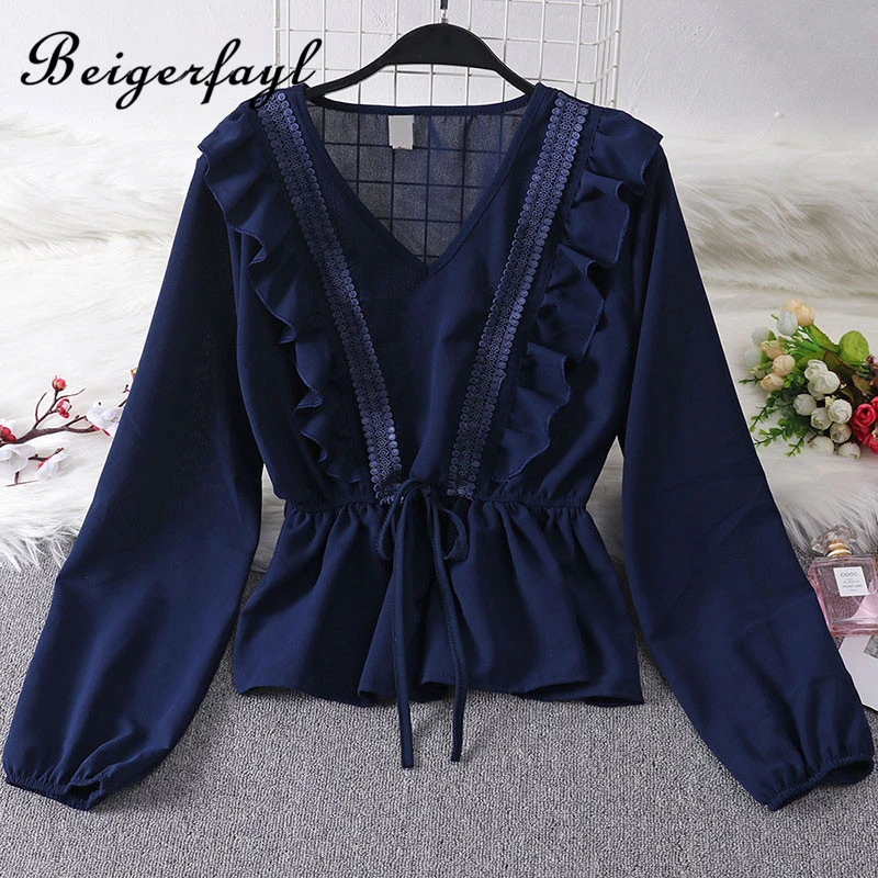 Beigerfayl 2019 новые женские блузки Mujer De Moda осень плотный шифон цвет Lotus вставки