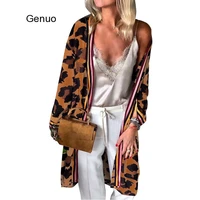 ladies open front long sleeve outwear jacket leopard print warm winter overcoat