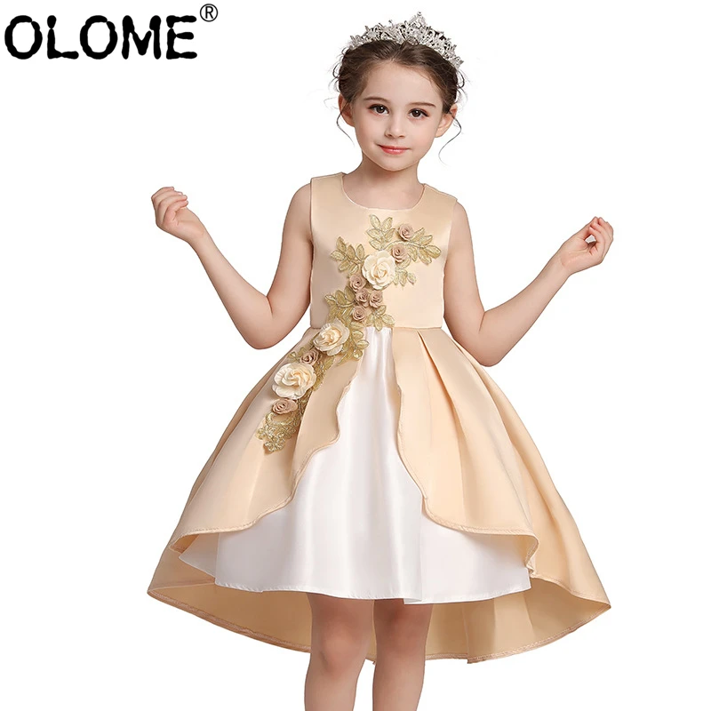 

Toddler Girl Princess Dress Red Satin Gown Kids Ceremonial Robe Embroidery Baby Evening Dress OLOME Summer Girls Short Dresses