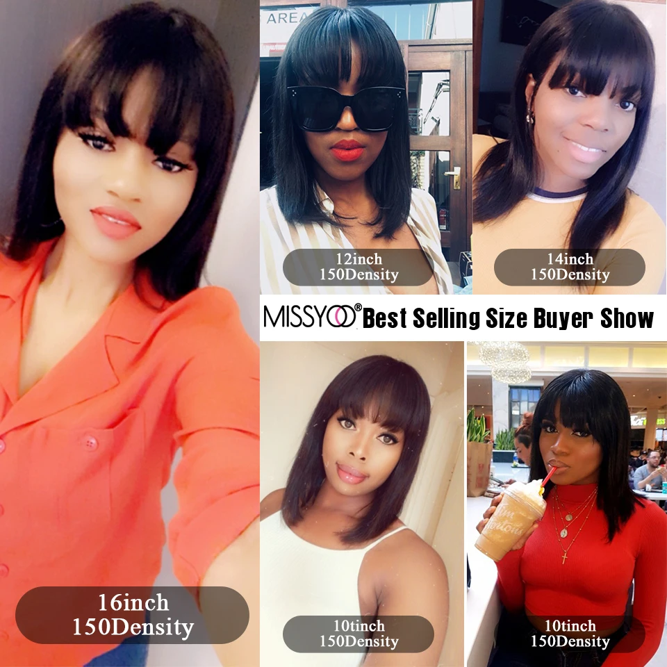 

Straight Short Bob With Bangs Human Hair Wig Malaysian Wig For Black Women Glueless Full Machine Wigs Remy Hair 10-16Inches 150%