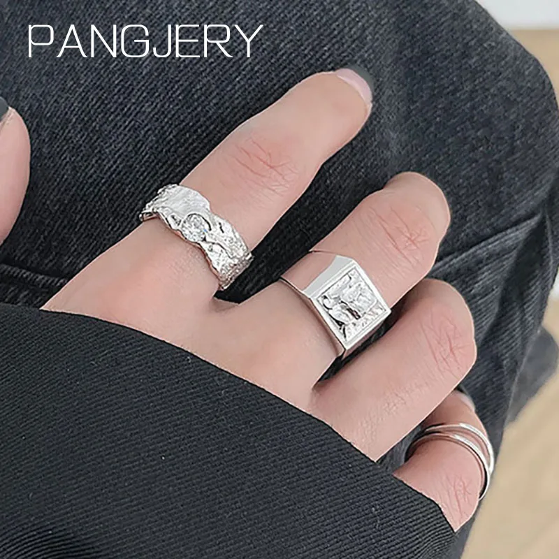 

PANGJERY 925 Sterling Silver Lava Texture Opening Rings for Women Temperament Simple Hiphop Punk Geometric Party Jewelry Gifts