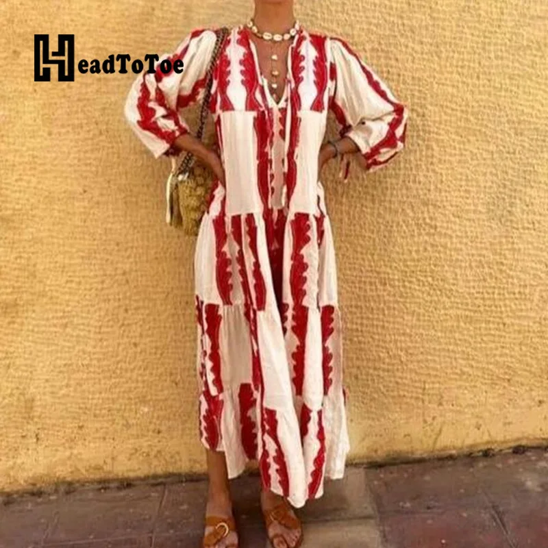 

Colorblock Print Bohemian Fashion Dress for Woman Long Sleeve V Neck Loose Dress Women