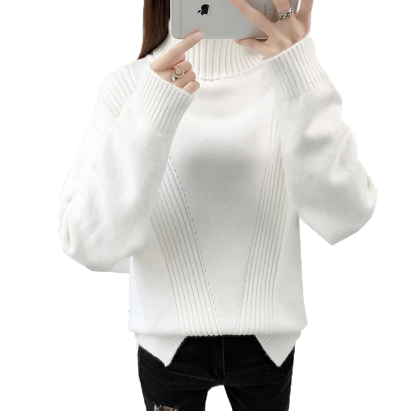 Женский свитер с высоким воротником утепленный пуловер свободного покроя