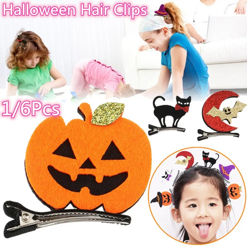 

New 6 styles Halloween Glitter Hair Accessories Pumpkin Bat Hat Hair Clip Masquerade Party Little Girls Barrettes Moon Headwear