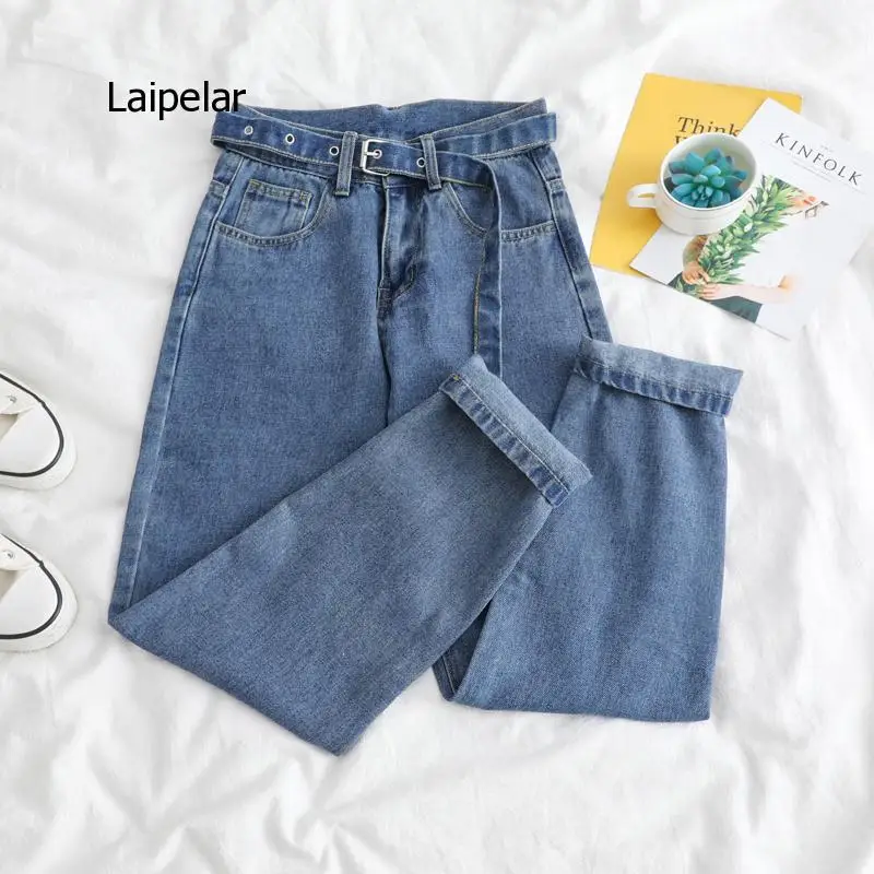 Корейские прямые джинсы для женщин с высокой талией штаны большими карманами