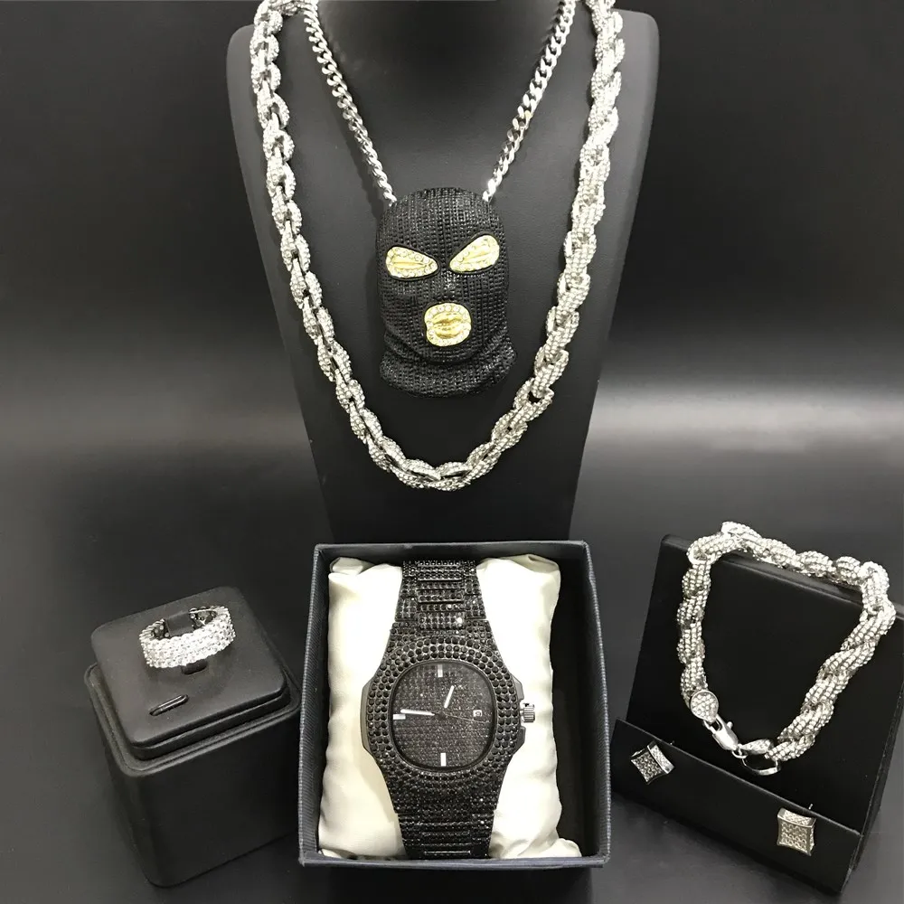 Роскошные мужские часы черного цвета с ожерельем, браслетом, кольцом и серьгами, комбинированные часы в Кубинском стиле с кристаллами в сти...