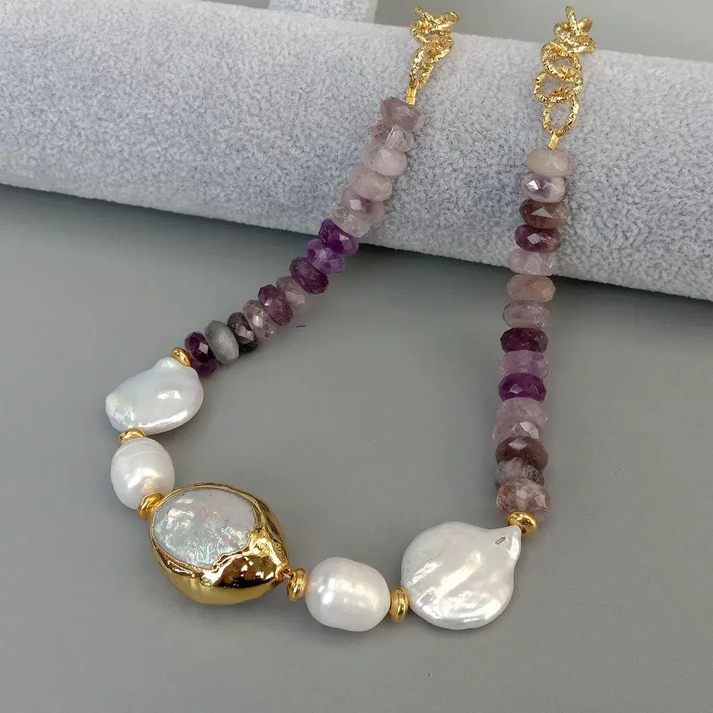 

YYING natural Cultured White Keshi Pearl facetedRondelle Amethysts gold color plated chain choker Necklace19" for women