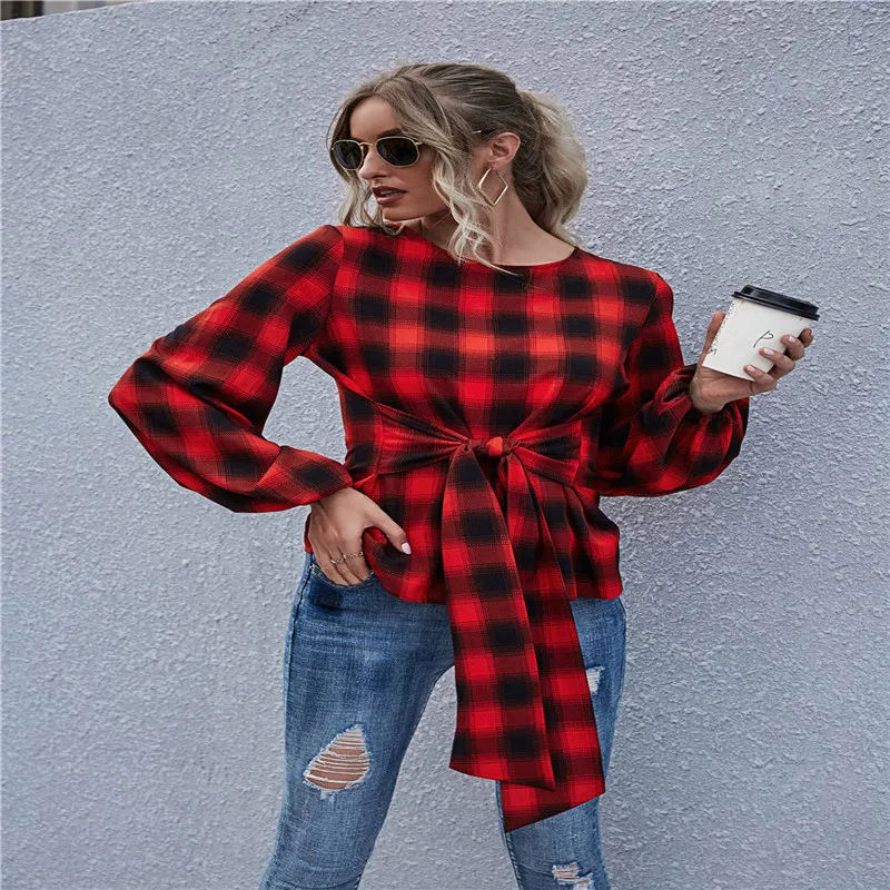 

FashionWomen's Grid T-shirt Autumn Plus Size Long Tee Shirt Top Women Neck Short Sleeve Long Casual Women Loose T-Shirt Femme