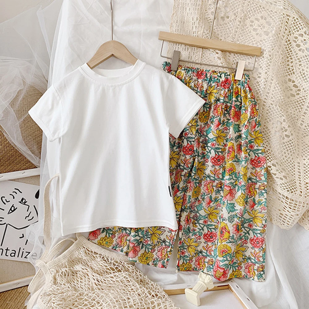 Children's Clothing Set Summer New Korean Girls Small Floral Wide-leg Pants Trousers Plus White T-shirt Girl Dress | Детская одежда