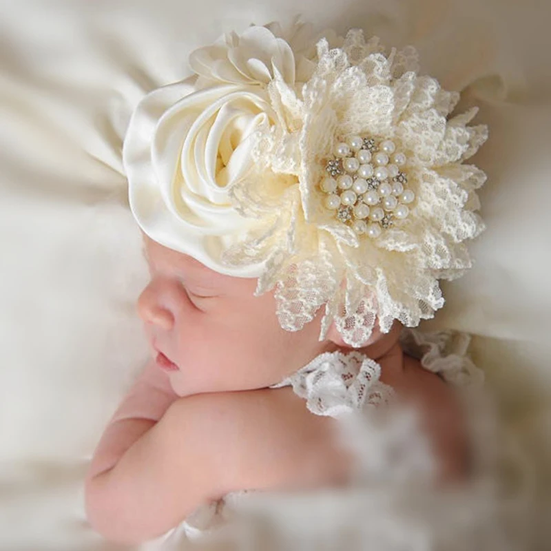 

Baby Girls Flower Headband Newborn Infant Pearls Flower Lace Wide Headbands Bebes Hair accessories Phoro Props Kids Turban