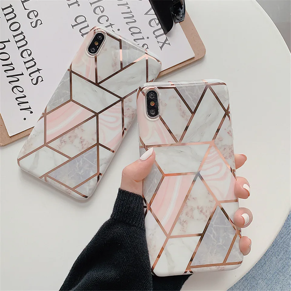Marble Geometric Textured Phone Cases for iPhone XR XS Max 6 6S 7 8 Plus X Soft IMD Electroplated Back Cover Coque Gift |