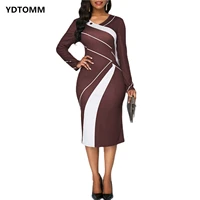 office lady geometric o neck women dress long sleeves colour coloured slim and hip wrapped pencil 2022 dress s xxl