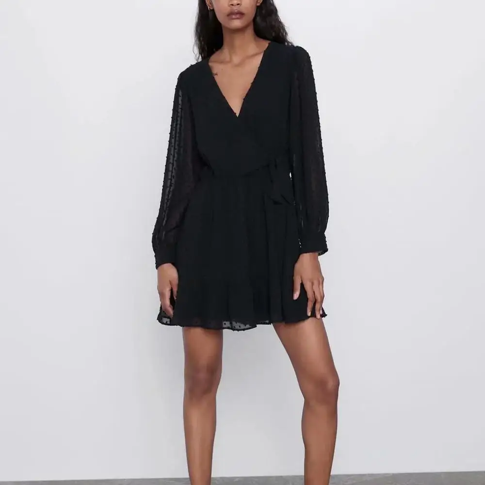 Женское плиссированное платье ZA черное Сетчатое с v образным вырезом Модные