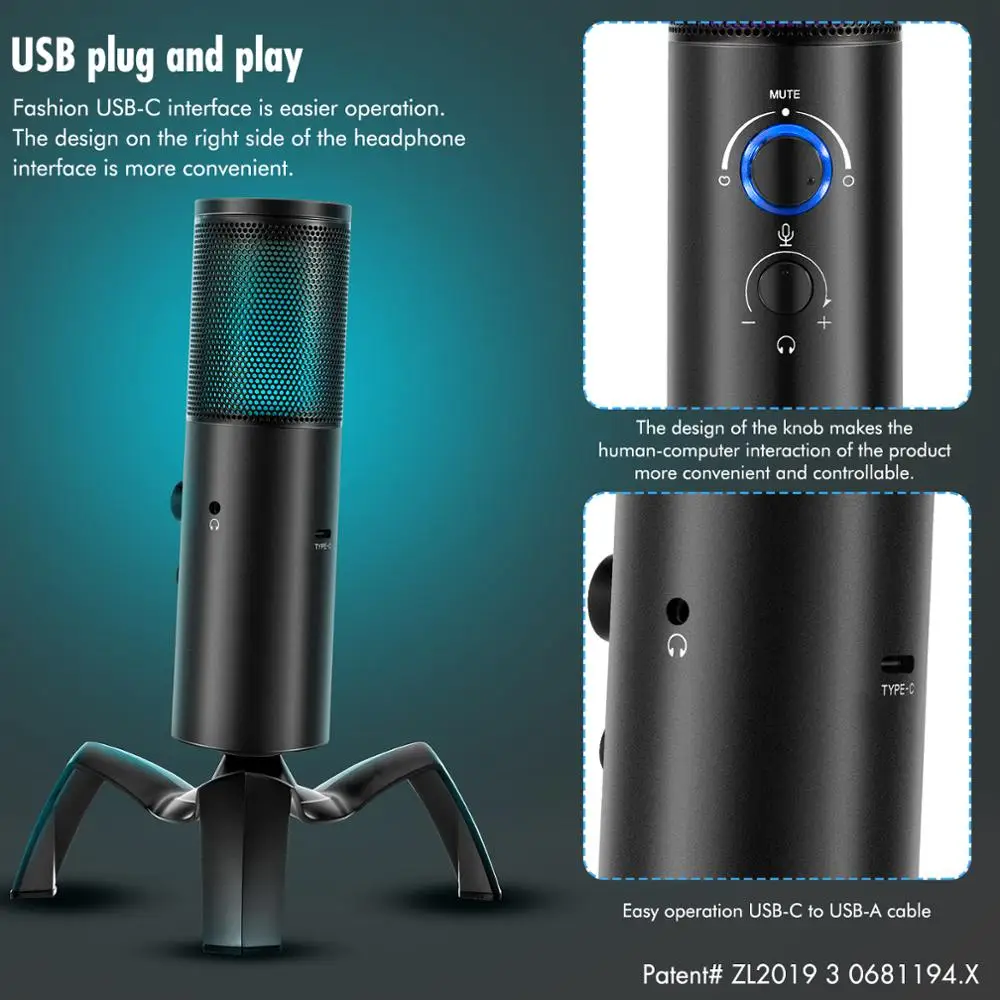 

Profession Omnidirectional/Cardioid Condenser Microphone with Tripod Stand RGB Light USB Microphone for PC Computer Gaming Mic