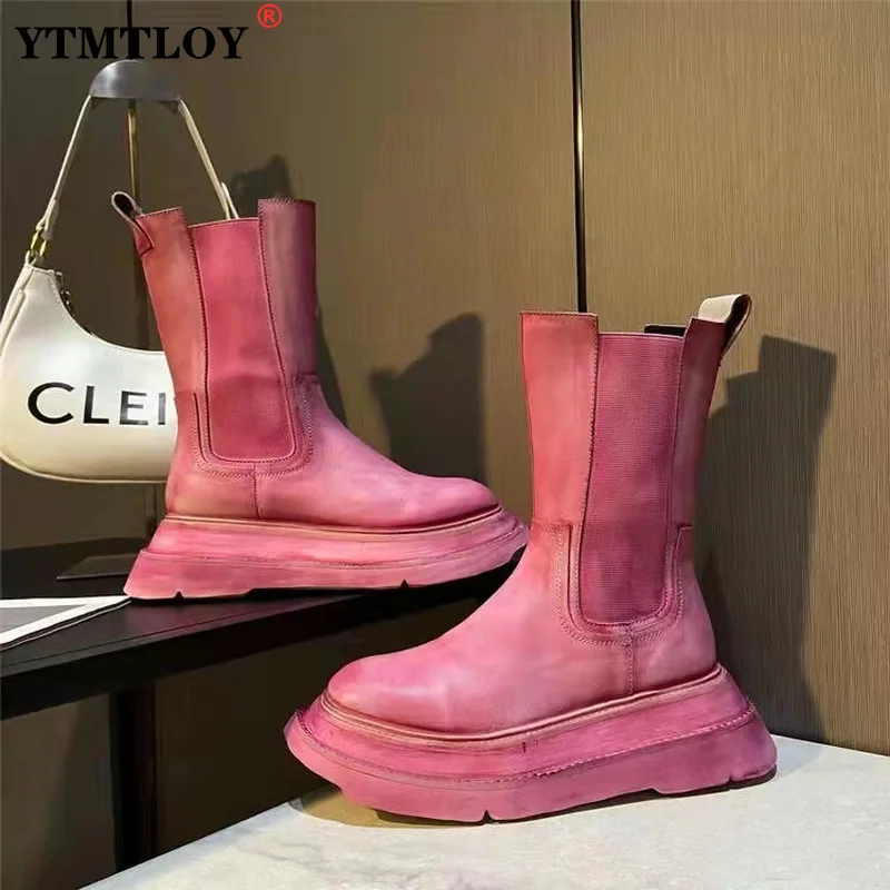 

Thick Sole Round-toe Flat Platform High Heel Female Caramel Color New British Ankle Stretch Chelsea Boots Slip-on Shoes