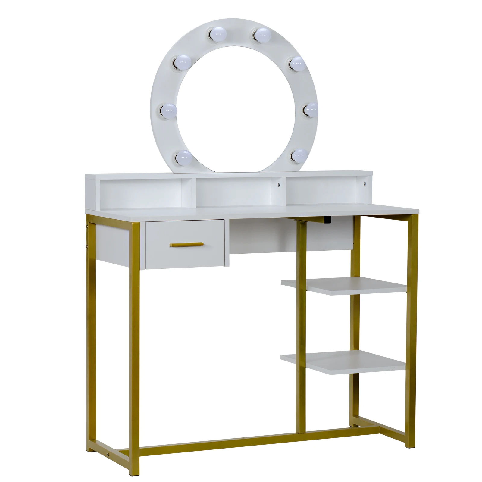 

Dresser Dressing Table Single Round Mirror 1 Drawer 2-Layer Shelf Rack Golden Steel Frame White 100x40x78.5-140CM[US-Stock]