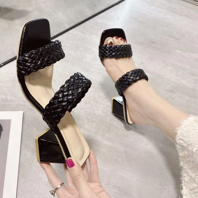 

Chunky High Heel Sandals 2021 Spring Summer Slippers Women Shoes Designer Weaving Square Toe Shoes Elegant Ladies Shoes