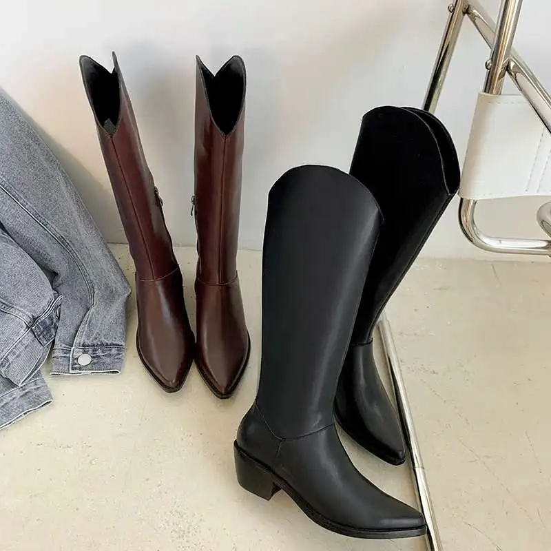 

krazing pot 2020 new western boots concise style natural leather pointed toe high heel young lady daily wear knee-high boots L25