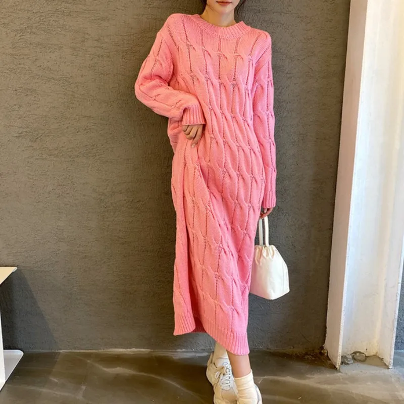 

Autumn Winter Fashion O-neck Long Sleeve Twisted Sweater Long Dress Vintage Women Casual Thick Knitted Dress Female Vestidos