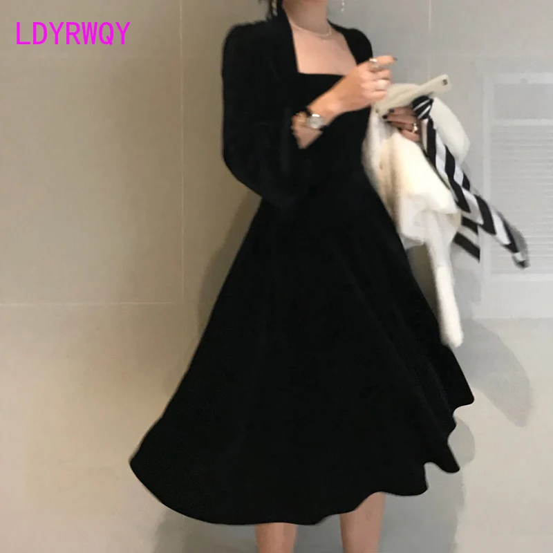 Женское бархатное платье до колена с квадратным вырезом и в стиле ретро для офиса