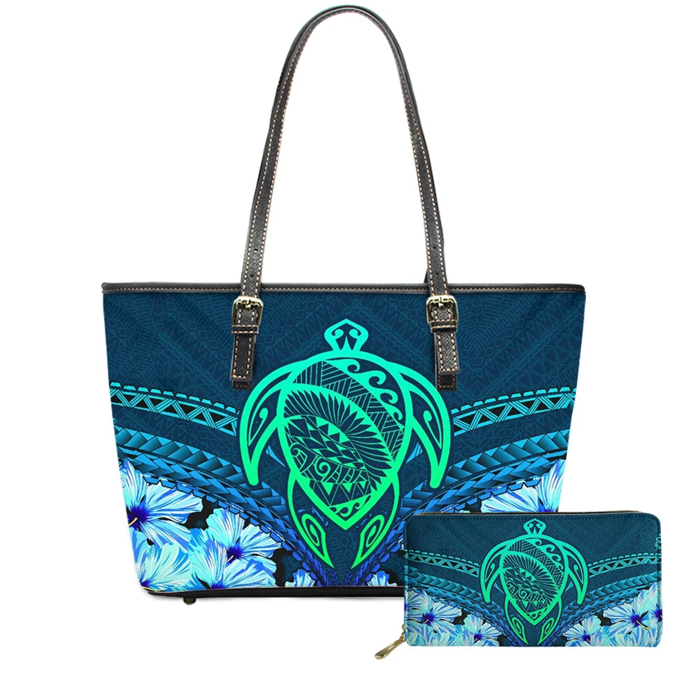 

Customized New Trend Handbag And Purse Set for Women Polynesian Tribe Flower With Turtle Printing Lady Beach Totes Bolsas