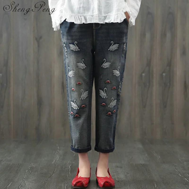 Женские джинсы 2021 с вышивкой национальная одежда женские деним CC042|Джинсы МОМ| |