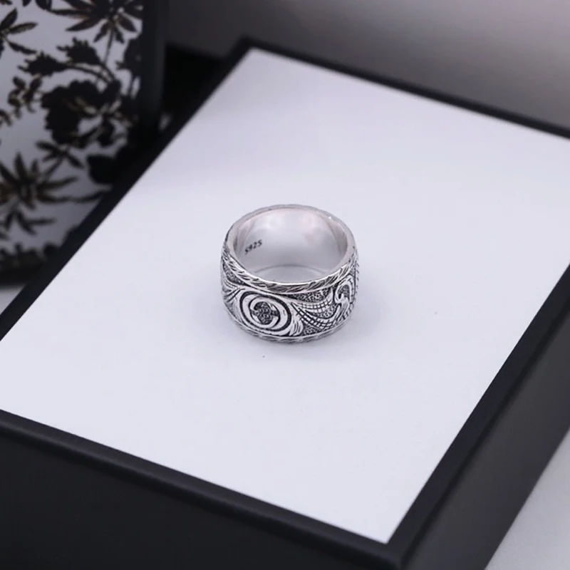 

925 sterling silver classic logo G ring, carved, carved, tiger head pattern, domineering fashion