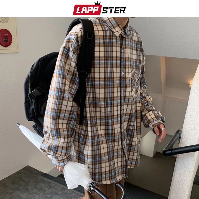 LAPPSTER мужского Harajuku плед Vintage рубашка 2020 Люди Японской Карманы Уличных рубашек с