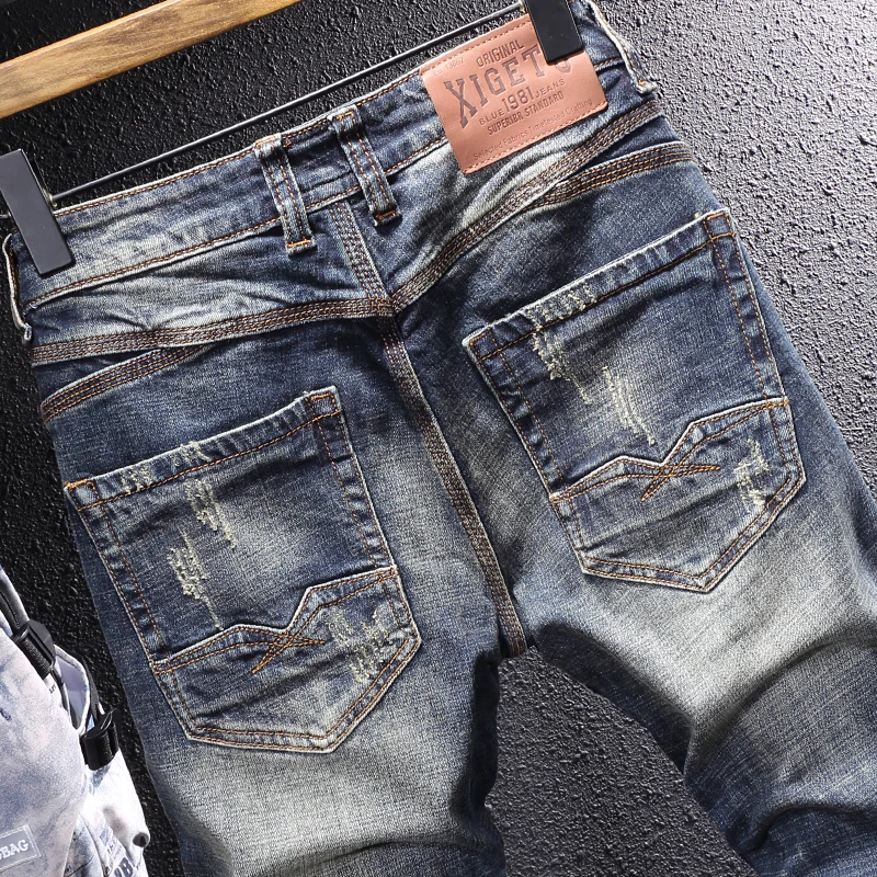 European Vintage Fashion Men Jeans Retro Blue Elastic Slim Fit Ripped Jeans Men Distressed Frayed Hole Casual Cotton Denim Pants