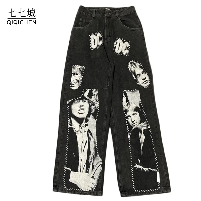 Джинсы мужские в стиле хип хоп брюки пэчворк с рок группой широкими штанинами