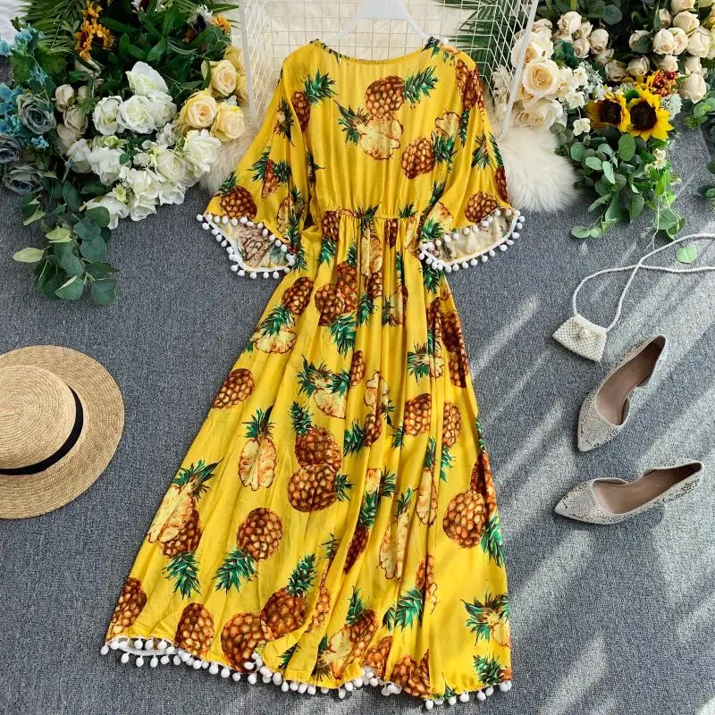 new fashion women's Beach holiday beach feminine deep V-neck pineapple print dress