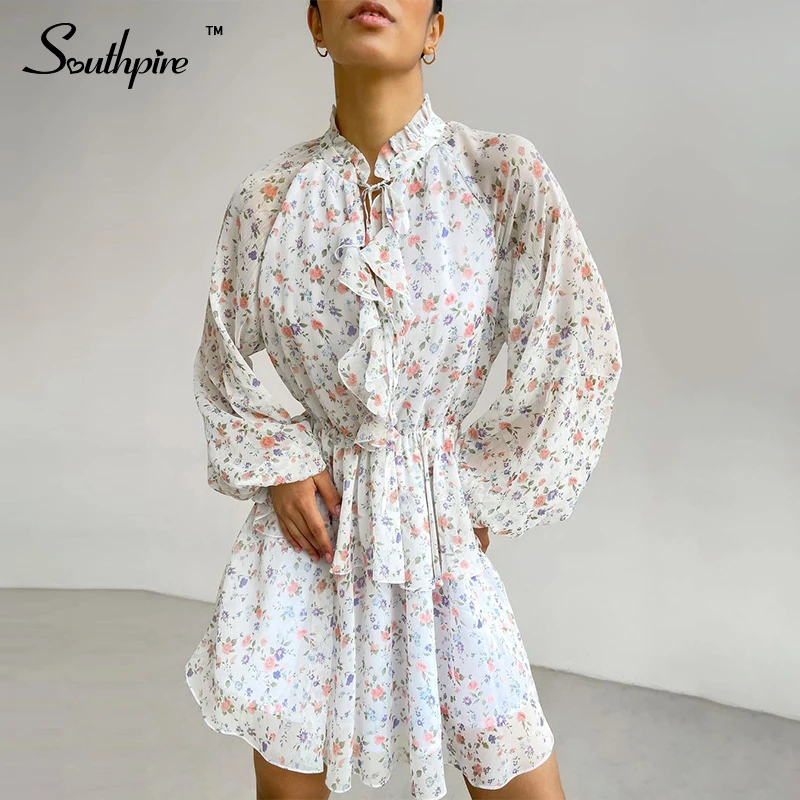 

Southpire Cascading Ruffle White Floral Print Dress Women Casual Long Sleeve A Line Mini Party Dress Lace Up Neck Day Clothes