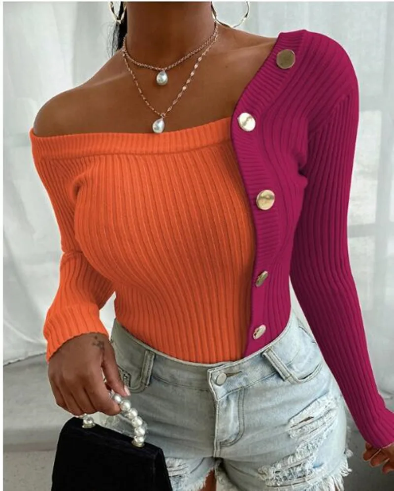

Sexy multicolor striped sweater slim fitting stitching button long sleeve crew neck knitted pullover street fashion clothing
