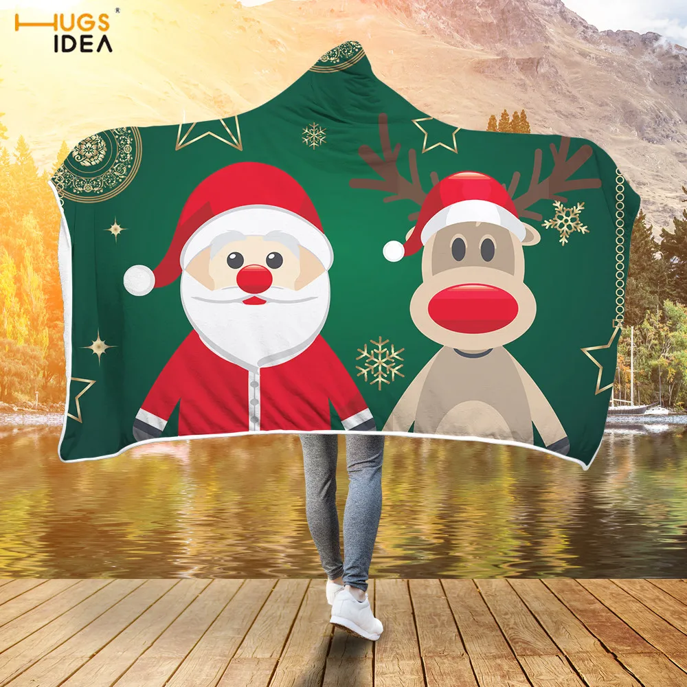 

HUGSIDEA Kawaii Santa Claus Pattern Kids Hooded Blanket Soft Warm Winter Merry Christmas Party Flannel Blankets Multi-function