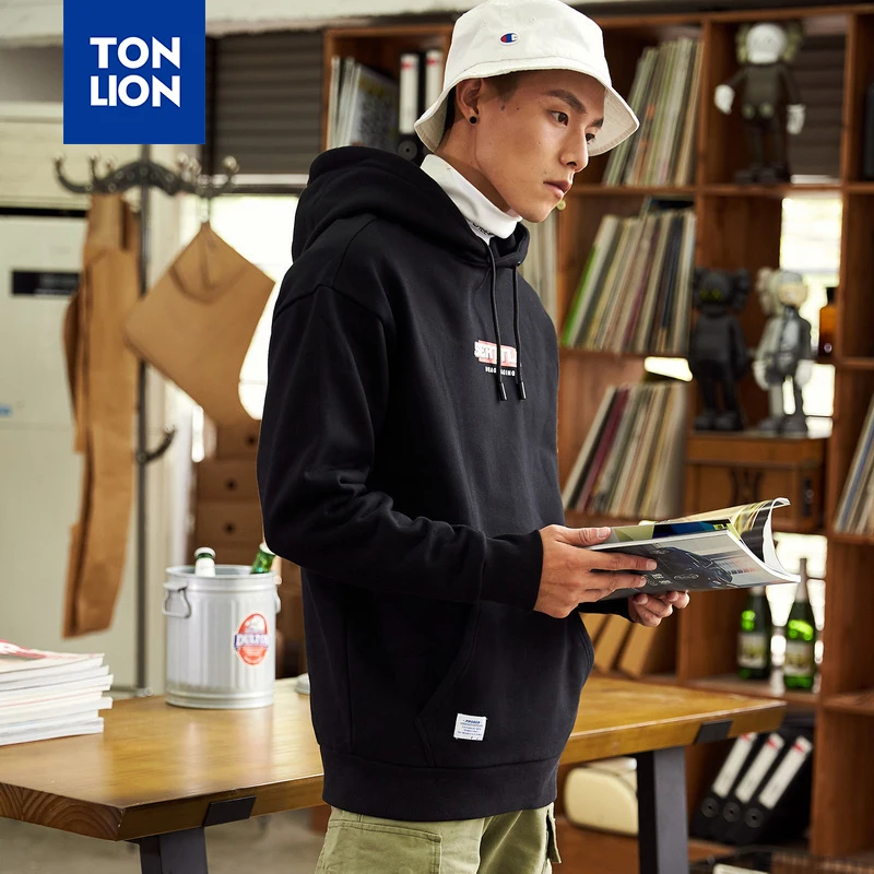 TONLION Black Mens Hoodies with Hat 2020 Spring New Casual Sweatshirts Loose for Males Classic Simple Mans Pullover Dropshipping | Мужская
