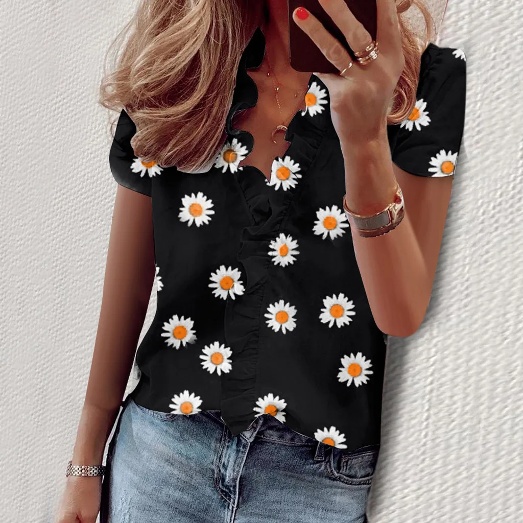 Женская блузка с короткими рукавами Летняя Повседневная цветочным принтом и