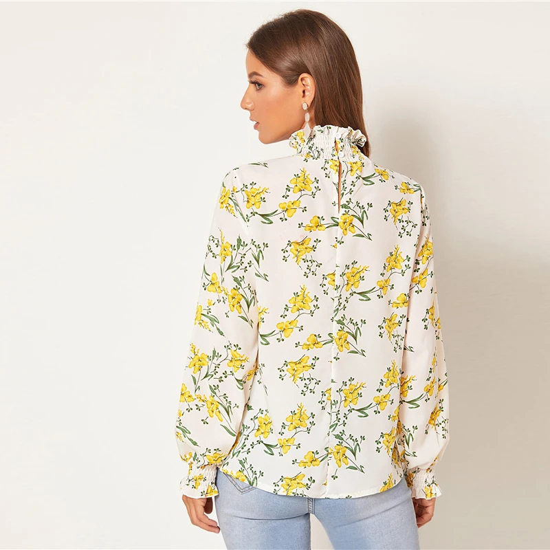 SHEIN/белая блузка с цветочным принтом и оборка, с вырезом на спине, топ, Женская весенне-осенняя Повседневная блуза с длинным рукавом с принтом «Бишоп», abaya