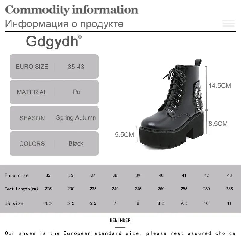 Gdgydh Goth Platform Chunky Heels Combat Boots for Women Metal Chain Halloween Comfy Black Goth Heeled Boots Wide Calf