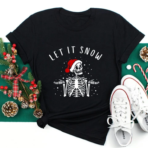 Футболка с рисунком скелета Let It Snow, футболка на Рождество в эстетике, забавная Женская графическая Праздничная Готическая футболка