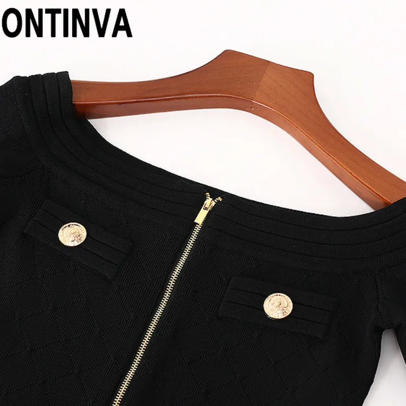 

2021 Autumn Womens Black Knitwear Two Piece Suit Long Sleeve Top Jumpers Mini Skirts with Golden Button Retro 2 Piece Sets