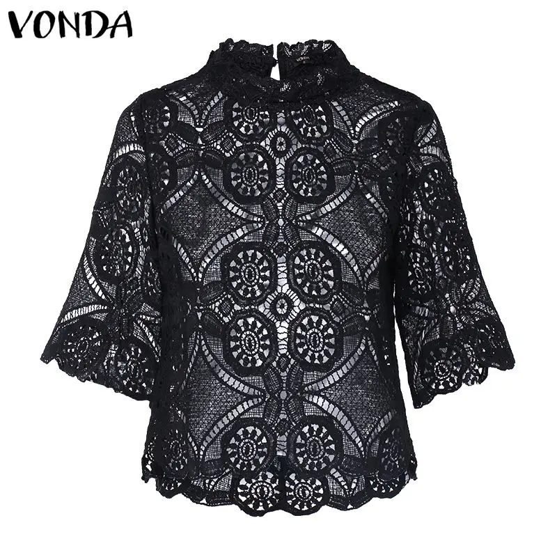 Black Винтажная Коллекция VONDA, летняя, осенняя, Сексуальная Блузка для вечеринки, женская блуза, 5XL, богемные топы, повседневные, офисные, женские рубашки, туника, плюс - Цвет: Black